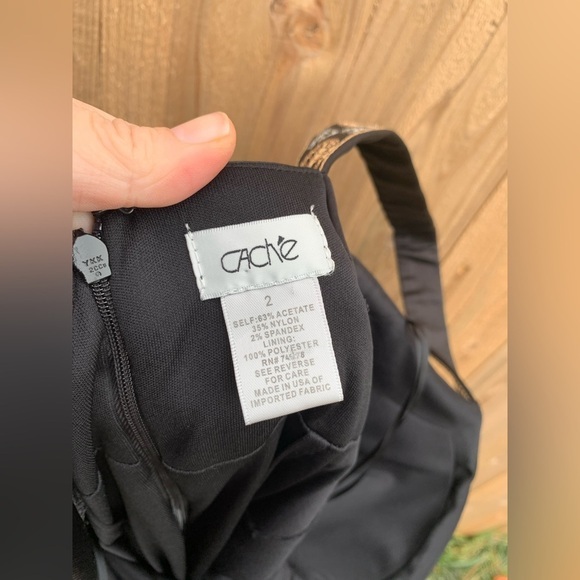 CACHE 2 Black Gold Cocktail Party Body con Dress Stretch Satin Embroidered - Picture 6 of 6